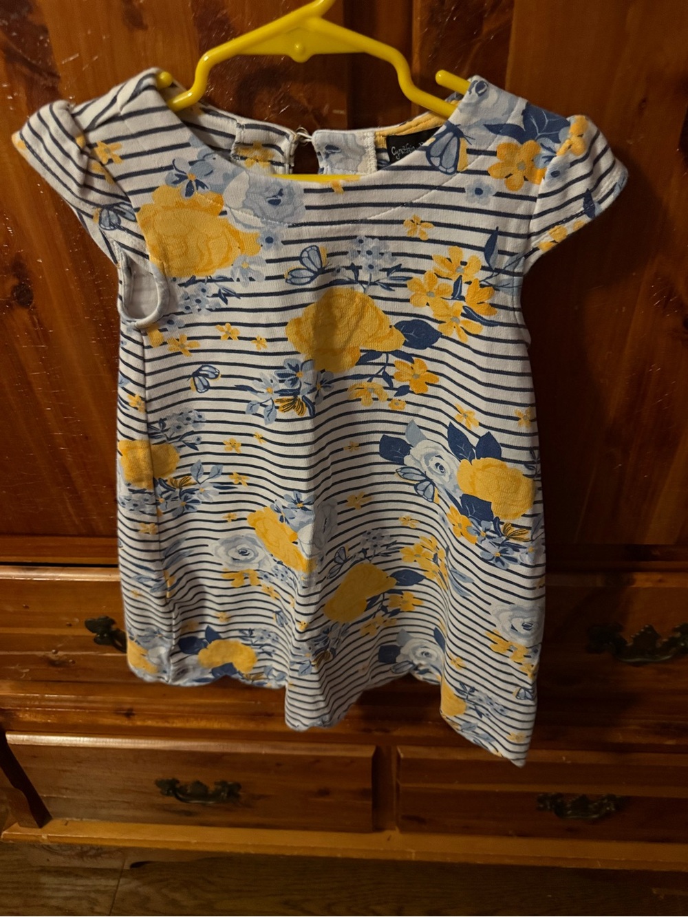 “Worn Once” Size 5T Girls Floral Stripe Cap-Sleeve Dress - Yellow & Blue